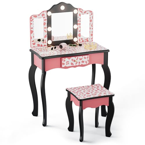 JOYMOR Kids Vanity Table and Chair Set, Girls Vanity with Leopard Print, Tri-Fold Mirror & Lights, Princess Makeup Desk for Girls, Pink