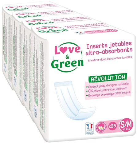 Love & Green - Inserto Desechable Ecológico Universal para Pañal Lavable x25 Talla S/M (Paquete de 4)