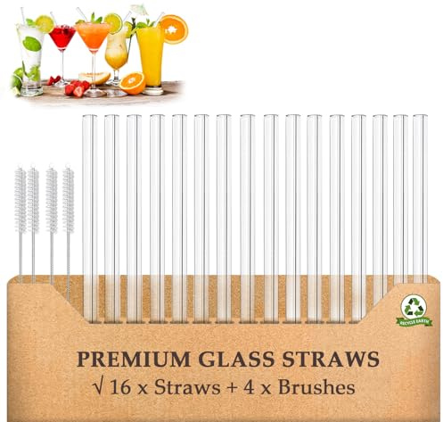 AOTWAN Glass Straws 20 Pack, Size 6''x10MM Glass Straws Drinking,Eco Friendly Including 16 Straight Straws with 4 Brushes,Reusable Straw for Cocktail,Juice