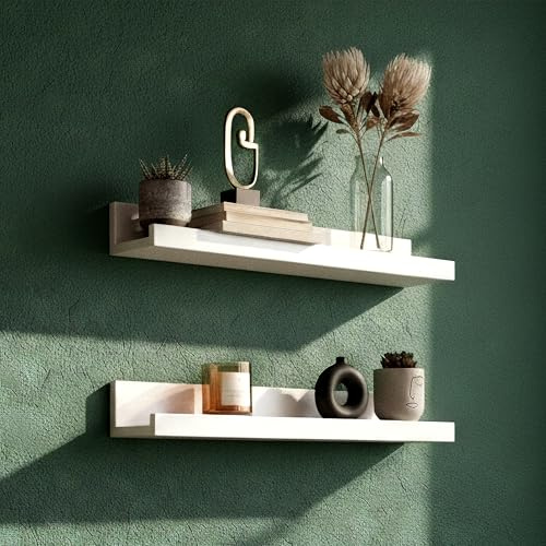 GEEZY White Floating Shelves for Wall, Set of 2 - Modern Seamless Mounting, Easy Install Picture Ledge Display Shelf for Decor, Collectibles - Home, Bedroom, Bathroom, Office, 45x10x5cm