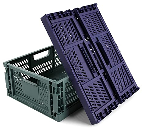 Spesh 2 contenitori pieghevoli in plastica, per cucina, camera da letto, studio (blu + verde scuro, 40 x 30 x 15 cm)