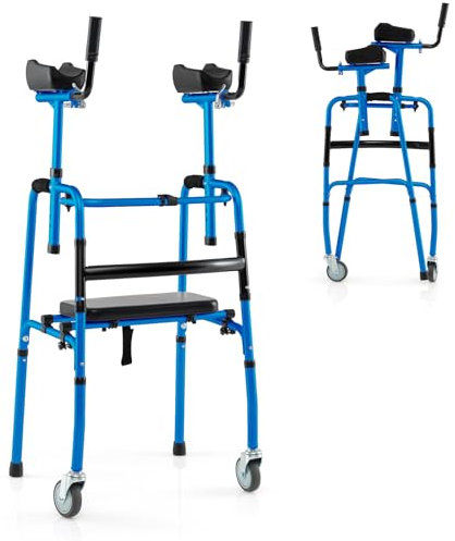 COSTWAY Wheeled Walking Frame, Height Adjustable Rollator Walker with Armrest Pads and Wheels, Foldable Rehabilitation Auxiliary Mobility Aids for Elderly Disabled (Blue)
