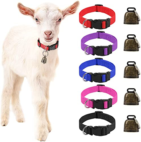 HYLYUN 5 collari a forma di capra con campanelle, collari regolabili in nylon, stile retrò con campana in bronzo, anti-perdita per animali domestici, per piccola fattoria, pecora, mucca