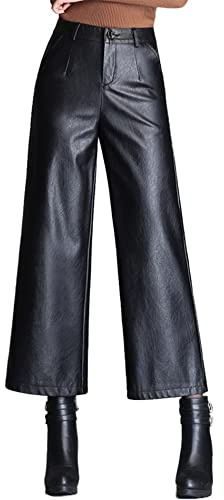 Lucrosun Women's High Waist Wide Leg PU Leather Palazzo Pants Culottes Black (Black-L)