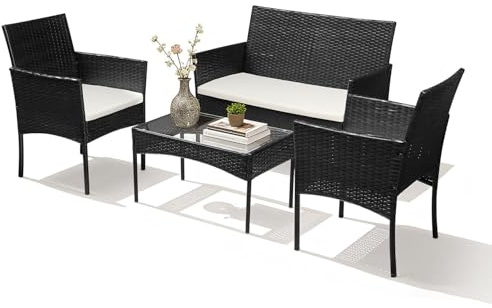 Gimisgu Ensemble de Meubles de Jardin, 4 pièces, en polyrotin, Noir, Meubles de Balcon en Table, canapé, 2 fauteuils, Salon de Jardin résistant aux intempéries et Confortable pour 4 à 5 Personnes