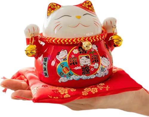 Tissting Lucky Cat Money Box 4.5in/12cm Ceramic Feng Shui Decor for Home Office - Maneki Neko Cat with Bells Fengshui Thriving Business Savings Jar for Birthday Christmas New Year Gift