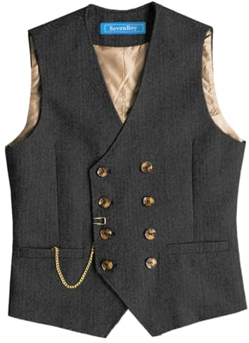 SevenBoy Men's Tweed Dress Vest Double Breasted Wool Suit Vest Vintage Waistcoat For Wedding(Black,XL)