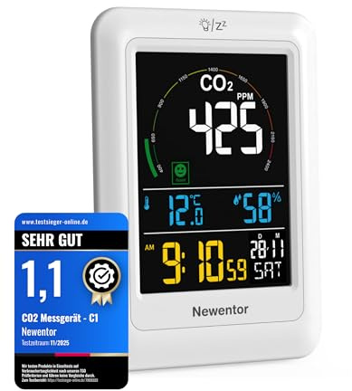 Newentor CO2 Messgerät, 4 CO2-Konzentrationsstufen mit Alarm und Lüftungsempfehlungen, Batteriebetrieb & USB-Anschluss mit 3 Helligkeitsstufen, für Schulen, Büro, Wohnzimmer, NDIR, Weiß, 1er Pack