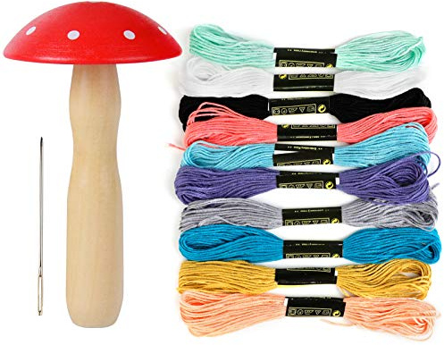 Kit da rammendo con adorabile fungo in legno e ago da rammendo, filo da cucito incluso