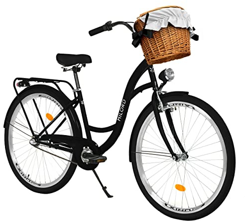 MILORD Damenfahrrad Citybike Komfort Mit Weidenkorb Hollandrad Vintage Fahrrad, 26, 28 Zoll, 3-Gang (Schwarz, 28 Zoll)