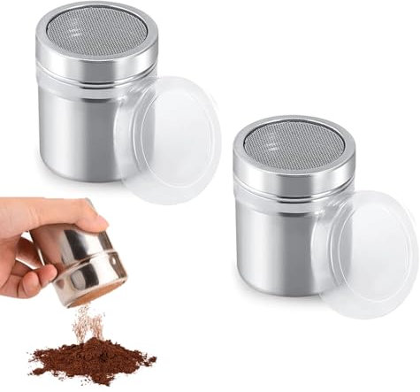 2Pcs Flour Sugar Salt Shaker, Icing Sugar Shaker, 2.8 x 1.9 inches, Chocolate Shaker, Stainless Steel Coffee Shaker, for Kitchen, Camping, Restaurant Craft, Flour Salt Coffee Sugar Icing Powder Duster