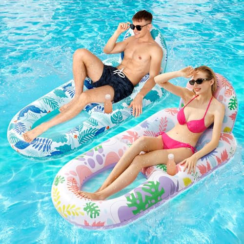 2 Pack Inflatable Heavy Duty Pool Floats Lounger, Giant Pool Floats Adult Size with Backrest & Footrest, Pool Rafts Floaties for Beach Lake Party