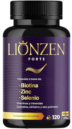 Biotina cabello piel y uñas con selenio y zinc – Vitaminas para el pelo + 17 ingredientes activos | 120 cápsulas | Queratina, cártamo, saw palmetto | Anticaída natural mujer y hombre | LIONZEN FORTE
