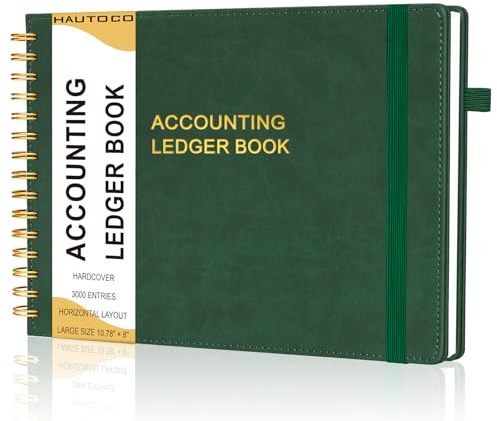HAUTOCO Hardcover Accounting Ledger Book for Small Business Bookkeeping Horizontal Money Expense Tracker Notebook with 2 Storage Pouch, Personal Columnar Log Journal 10.78 x 8'', Dark Green