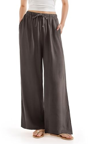 SUUKSESS Women Wide Leg Flowy Linen Pant with Pockets High Waisted Casual Lounge Palazzo Pant (Brown, L)