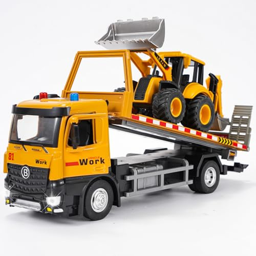 LTFIOON Camión de Remolque Juguete, Transportador de Coches con Luces, Sonidos, Vehículos de Construcción con Excavadora, Cabina de Metal, Regalos para Niños 3+ Años
