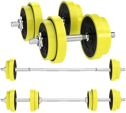HOMCOM 20KGS 2-In-1 Dumbbell & Barbell Adjustable Set Strength Muscle Exercise Fitness Plate Bar Clamp Rod Home Gym Sports Area, Yellow