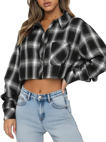 Dressmine Cropped Cotton Spring Thin Checked Shirts Womens Flannel Plaid Shacket Lightweight Button Down Cardigan