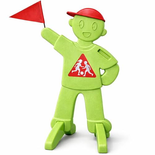 Von Steineich® PlaySafe – varningsfigur för barn med flagga | varningsskylt observera lekande barn | reflekterande trafikvarningsstativ | långsam körning (grön)