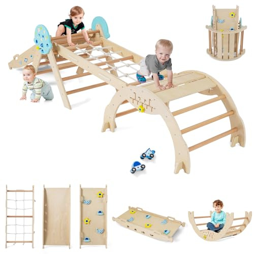 GOPLUS 9-i-1 Klätterställning inomhus, klättertriangel trä, uppsättning med 4 klätterleksaker med klättringsnät, klätterbåge, gungbräda och stege, inkl. dubbelsidig ramp och byggstensset, ribbstänger