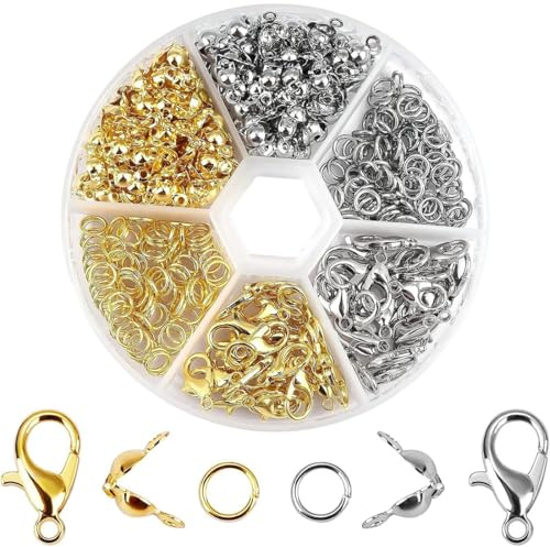 NOPVUFA 570 Pezzi Chiusure per Collane e Braccialetti di Kit Moschettoni Collegamenti per la Fabbricazione di Bijoux DIY Perle Argento Oro Adatta per Artigianato Bigiotteria