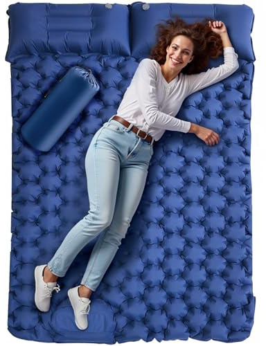 Hingue Matelas Gonflable 2 Personnes Camping, Matelas Camping 2 Personnes Autogonflant avec Pompe à Pied et Oreillers Intégrés, Matelas Trekking Imperméable Compact pour Tente,Randonnée-Bleu Marine