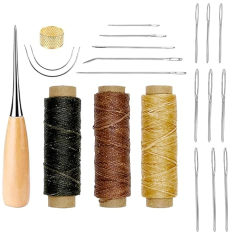 LUDHEP Set de Couture pour Cuir 21 Pièces avec Aiguilles, Fil et Poinçon, 3 Bobines de Fil Ciré, Dé à Coudre, pour Sacs, Chaussures et Rembourrage