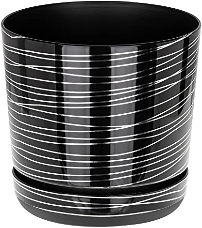 KORAD Modern Indoor Plant Pot – Small & Large Round Plastic Planter with Saucer – Black with Silver Stripes – Lightweight Decorative Pot with Drainage Holes for Succulents-(16cm - 6.3 inch)