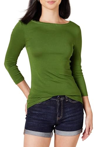 Amazon Essentials Damen T-Shirt mit Bateau-Ausschnitt und 3/4-Ärmeln in schmaler Passform, Grün, M