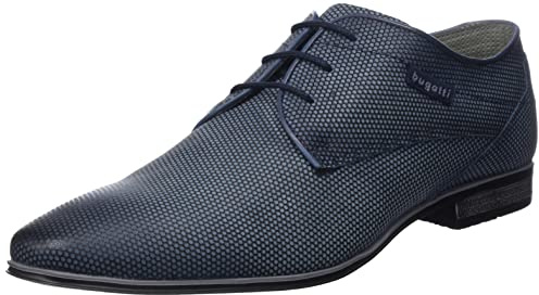 bugatti Uomo Scarpa Bassa da Business Realizzata in Pelle di Alta qualità, Derby dal Design Minimalista, Blu, 45 EU