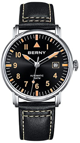 BERNY Mechanical Automatic Watch for Men Self Winding Leather Strap Classic Pilot Wristwatches Waterproof 10ATM Sapphire Glass Scratch Resistant Super Luminous, Black Dial