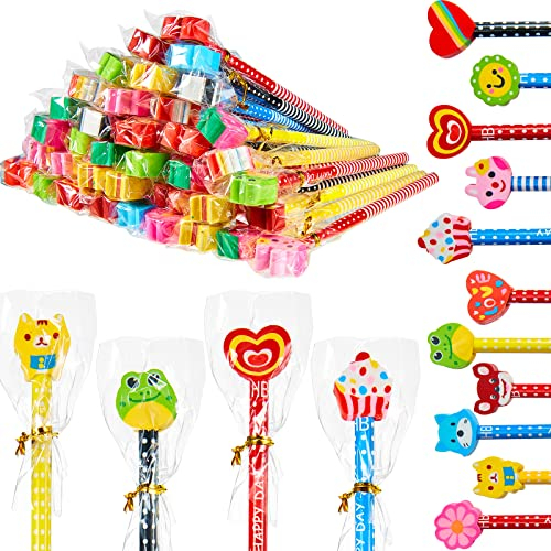 Nezyo 30 Pieces Pencils with Rubbers Fun Wooden Pencils Set for Kids Funky Pencils Cartoon Stationery Set Drawing Pencil with Eraser End of School Gifts for Children Boys Girls