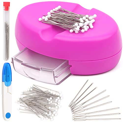 GMMA Nadelkissen zum Nähen Magnetischer Nadelkissen Magnethalter zum Flechten Quilten Versorgung mit 50 Kunststoffkopfnadeln, 9 Garnnadeln und 1 Nähschere (Rosenrot)