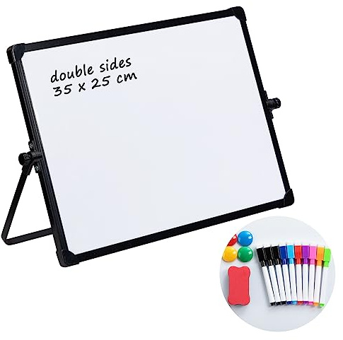 DOEWORKS Lavagna Bianca Magnetica 35 x 25cm, Piccola Lavagna Bianca da Tavolo Bifacciale Cancellabile a Secco per Casa Scuola Ufficio, con Supporto Nero
