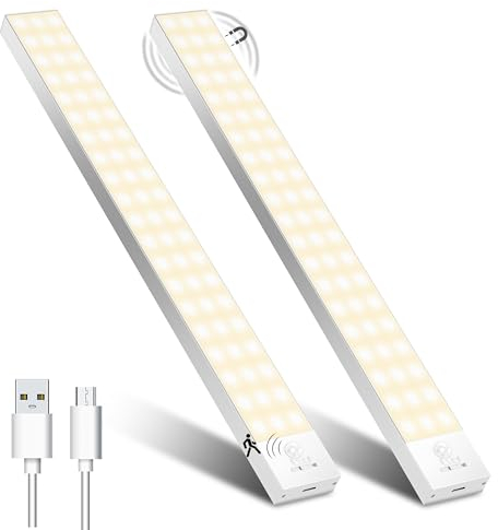 Luce Armadio LED con Sensore di Movimento Luci Notturna Luce calda 3000K 4 Modalità Lampada Guardaroba Luce da Esposizione 1500mAh USB Ricaricabile Cucina, Scale, Corridoio, Garage - 32cm*2 Pezzi
