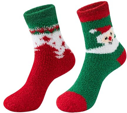 dressfan 2 Paia Calzini Natalizi in Pile Coral Invernale Caldi Calzettoni Natale Albero di Natale Renna Pupazzo di Neve Regalo di Natale per Famiglia Donne Ragazze,Albero+Pupazzo di Neve,EU 36-42