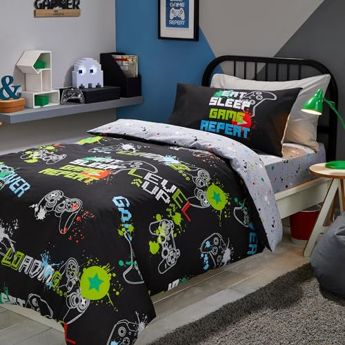 Bedlam Black Gaming Duvet Cover Set – Double Size 200x200cm – Glow in the Dark Gamer Bedding – Reversible 2 Designs – Soft Polycotton – Includes 2 Pillowcases – Boys Teen Bedroom Accessories