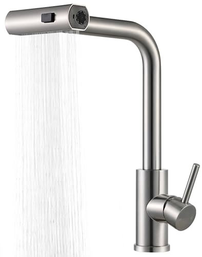 Peppermint Waterfall Kitchen Tap Brushed Steel Kitchen Taps Mixer with Pull Out Spray Single Lever Sink Mixer Tap 3 Function Stainless Steel Mixers Taps 1 Hole 360 Swivel Faucet 3 in 1