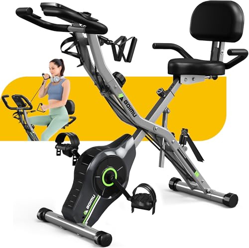 Goimu Exercise Bike, 5 in 1 Foldable Stationary Bike for Seniors, 16-Level Adjustable Magnetic Resistance, Indoor Workout Bike with 330LB Capacity, Comfortable Seat Backrest X-bike (Dark Grey-Pro)