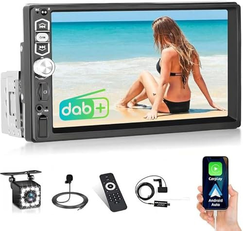 DAB/DAB+ Single Din Car Stereo Wired Carplay Android Auto Bluetooth 7 inch touchscreen with Mirror Link FM/EQ/AUX/SD+ Rear View Camera+Microphone