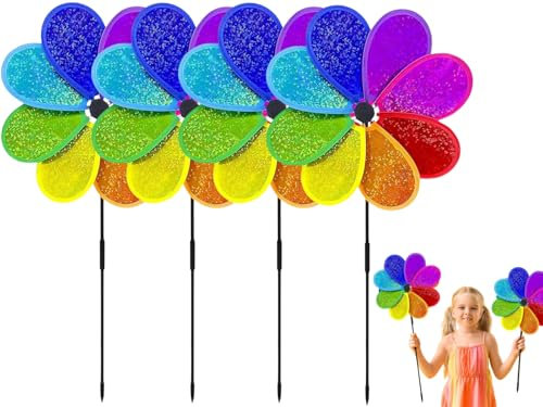 ZLXFT Scacciapensieri a Forma di Fiore,4pcs Mulino a Vento per Prato,Girandole Colorate,Girandola a Vento Riflettente,Ruote a Vento Arcobaleno per Giardini, Frutteti, Orti