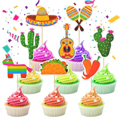 CHarmeFleur 32 pièces Décorations de Cupcake Mexicaines Fiesta - Cactus Sombrero Maraca Guitare Taco Piñata Piment Cupcake Compteur Thème Fiesta Mexicaine Thème Mexicain Fête