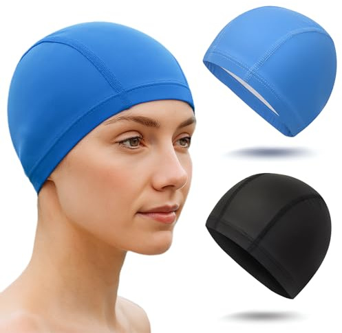 2 Sück Unisex Badekappe Wasserdicht Bademütze Flexible Kappe Badehut PU Beschichtet Weiche Badehaube Weiche Unisex Badekappe Ohrenschutz für Herren Damen Lange Kurzes Haar