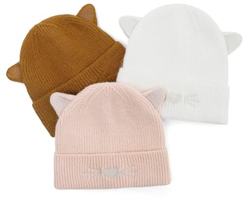 LACOFIA Vintermössa för bebisar med kattöron småbarn flickor pojkar varm stickad mössa mjuk mössa hatt, Brun + rosa + vit, 6-3 Jahre