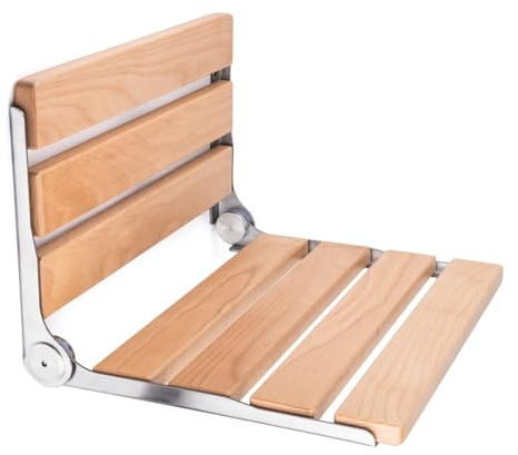 Jamini Folding Shower Seat Wall Mounted, 16.5, Beech Wood + SUS304 Steel, Heavy-Duty 330 lbs Seat for Seniors & Pregnant Women, Fits Small Showers, Balcony & Dressing Area