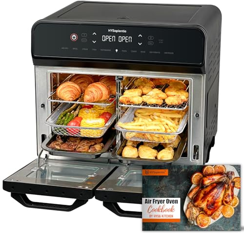 HYSapientia 22 Litri Forno Friggitrice Ad Aria doppio cestello Calda，2400W friggitrice aria 2 cestelliin in acciaio inossidabile,10 Funzioni,Doppia Temperatura,Suddividere in due campate，Girarrosto