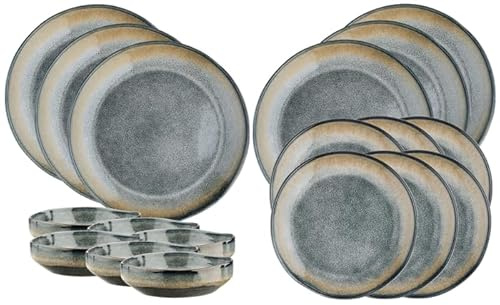 Bjorn SR-LEGT26 Genesis Terre Crockery Set, 18 Pieces, Stoneware with Reactive Glaze, Blue/Grey/Khaki Gradient, Dishwasher and Microwave Safe