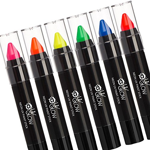 UV Glow - Neon UV Paint Stick Body Crayon for the Face & Body - Set of 6 Colours. Genuine and original UV Glow product - glows brightly under UV Light!