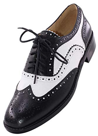 Women's Oxford Saddle Shoes Leather Black White Full Brogue Perforated Lace Up Wingtips Vintage Flats Size 7.5