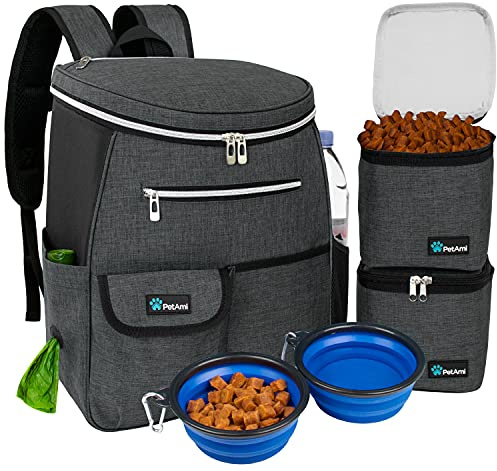PetAmi Dog Travel Bag Backpack, Airline Approved Dog Bags for Traveling, Puppy Diaper Bag Supplies, Pet Camping Essentials Hiking Accessories Dog Mom Gift, Food Container, Collapsible Bowls, Dark Gray